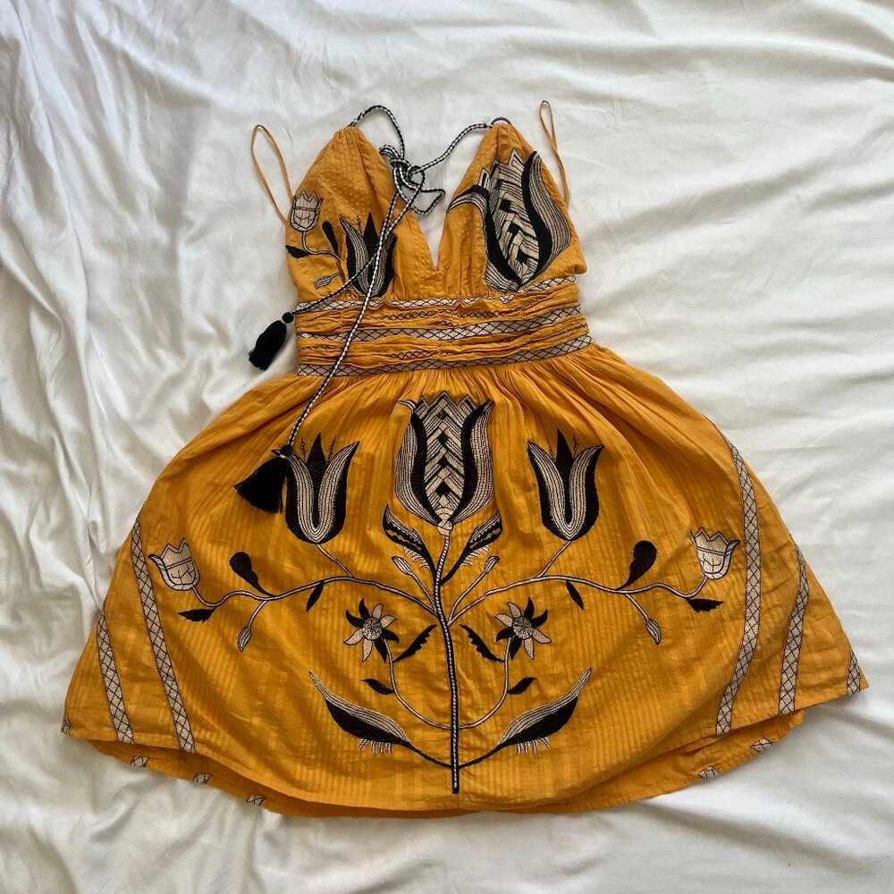 Anthropologie Yellow Embroidered Halter Mini Dress